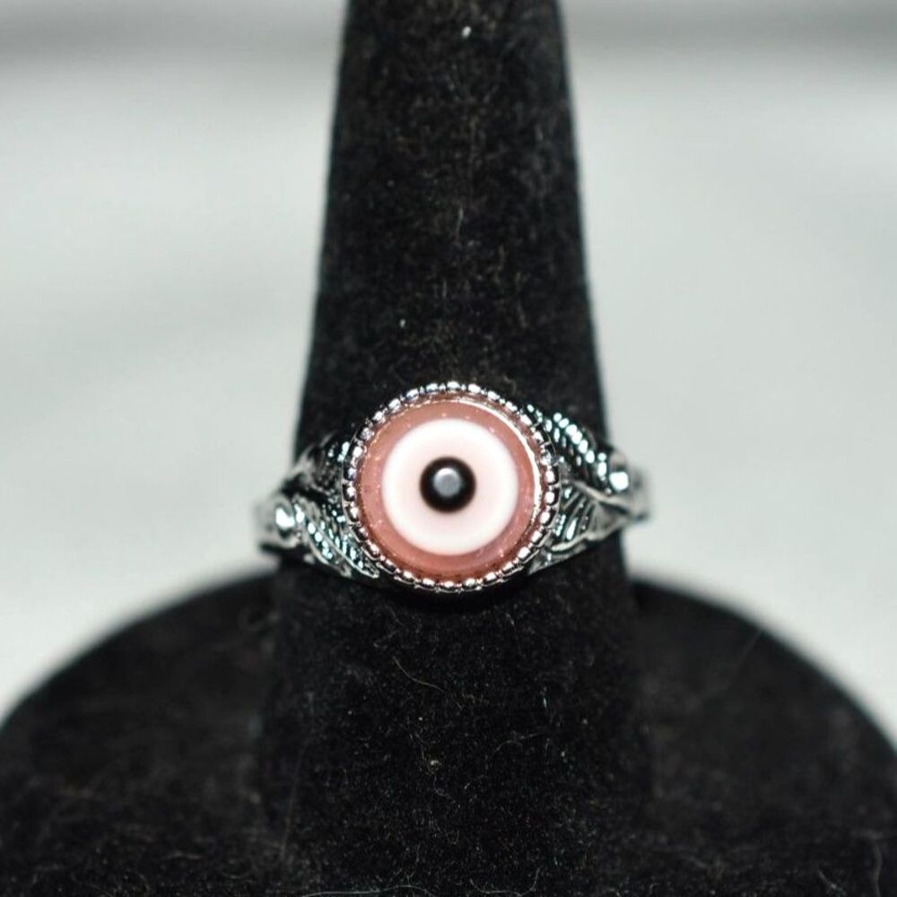 Alluring Pink (Love) Evil Eye Silver Tone Metal Etched Band Sizes 7 & 9 Ring